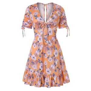 New printed short-sleeved ruffle edge dress round neck hollow drawstring casual seaside vacation - Image 4