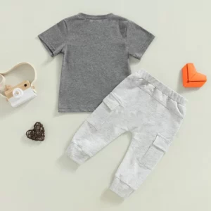 FOCUSNORM Valentines Days Infant Boys Summer Clothes Sets 0-4Y Short Sleeve Letter Print Grey T-shirt + Pants with Pockets - Image 5