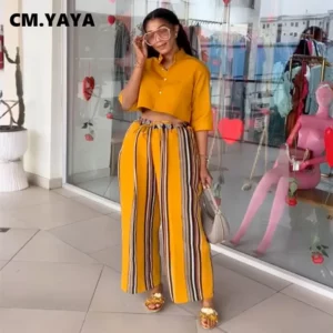 CM.YAYA Women's Set Half Sleeve Blouse Shirt and Striped Wide Leg Pants 2025 Summer Street Two 2 Piece Sets Outfits Tracksuit - Image 6