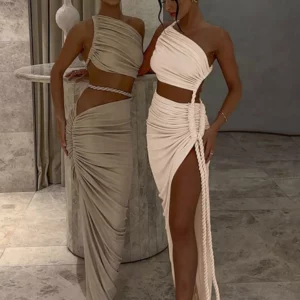 Beyprern Women Bandeau Dress Summer Ruched High Slit Slim Long Dress Casual Pleated Asymmetrical Party Dresses Vacation Outfits - Image 3