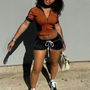 Women Sets Outfit Summer Streetwear Panelled Two Tone Slim Sports Short Sleeve Shorts Suits Zip Crop Tops Casual 2 Two Piece Set - Image 4