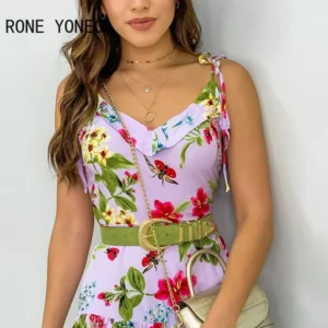Women Elegant Dress Striped Floral Print Spaghetti Strap Ruffles Casual Dress - Image 3
