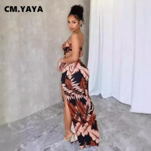 CM.YAYA Women Leaf Printed Strapless Sleeveless High Split Maxi Dress 2024 New Summer Sexy Evening Party Long Dresses Vestidos - Image 2