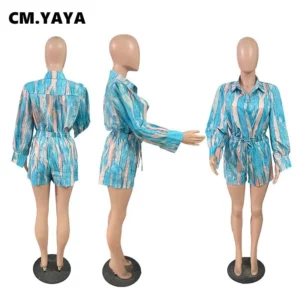 CM.YAYA Women's Set Full Sleeve Striped Print Shirt and Straight Shorts Suit 2024 Street Two 2 Piece Set Casual Outfit Tracksuit - Image 5