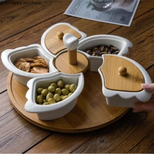 White Ceramic with Turntable Five Grid Fruit Plate with Wooden Lid Rotatable Snack Platter Dessert Snack Tray Fruit Plate Set - Image 4