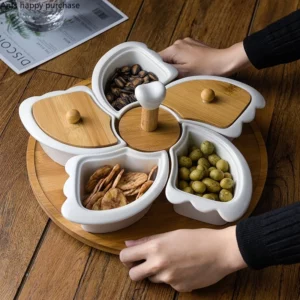 White Ceramic with Turntable Five Grid Fruit Plate with Wooden Lid Rotatable Snack Platter Dessert Snack Tray Fruit Plate Set - Image 3