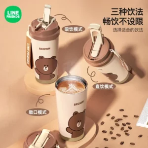 500ml Brown New Cartoon Portable Rope Insulated Cup Line Friends Stainless Steel Large Capacity Insulated Double Drink Straw Cup - Image 3