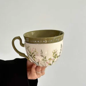 Large Capacity Ceramic Breakfast Cup with Crank Retro Rural Style Coffee Cup Dish Cups Lid Set Household Milk Mug Niche Gift - Image 2