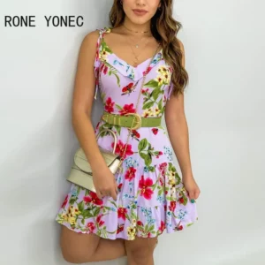 Women Elegant Dress Striped Floral Print Spaghetti Strap Ruffles Casual Dress - Image 2