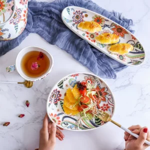 Ceramic Salad Plates with Handle,Porcelain Dinner Plates,Colorful Floral Pattern Serving Plate for Desserts Sandwiches Dishes 접시 - Image 6