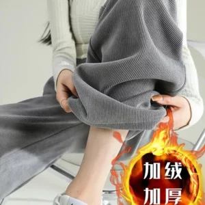 Ladies Simplicity Buttons Solid Color Elastic Waist Fleece Straight Autumn All-match Drawstring High Waist Plus Size Trousers - Image 4