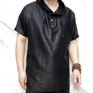 Fashion Solid Color Button Casual Short Sleeve Hooded T-Shirts Men's Clothing 2024 Summer Loose Korean Tops All-match Tee Shirt - Image 3