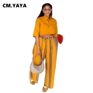 CM.YAYA Women's Set Half Sleeve Blouse Shirt and Striped Wide Leg Pants 2025 Summer Street Two 2 Piece Sets Outfits Tracksuit - Image 5