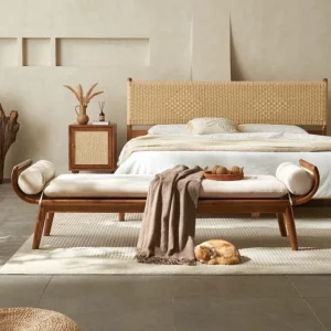 Luxury Solid Wood Velvet Footstool Ottoman Modern Rattan Bench Bed Stool For Livingroom Bedroom Hotel - Image 6