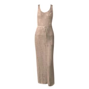 Summer Solid Beach Mesh Dress Holiday Hollowed Out Backless Knitted Cover Shirt With Push-Up Padded Bra Thong 2 Pieces Swimwear - Image 2