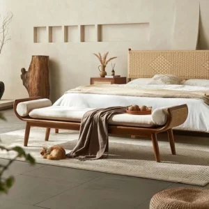 Luxury Solid Wood Velvet Footstool Ottoman Modern Rattan Bench Bed Stool For Livingroom Bedroom Hotel - Image 2