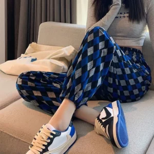 Casual Spring Summer High Waist Loose Harem Trousers Fashionable Korean Plaid Drawstring Nine Points Sports Pants Womens Trend - Image 4