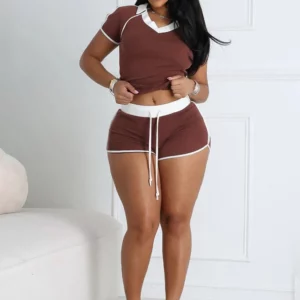 Weird Puss Casual Women 2 Piece Set Tracksuit Stretch Sporty Polo Neck Crop Tops+Wide Waist Shorts Matching Streetwear Outfits - Image 3