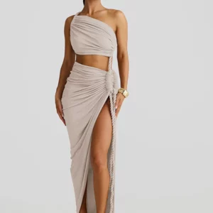 Beyprern Women Bandeau Dress Summer Ruched High Slit Slim Long Dress Casual Pleated Asymmetrical Party Dresses Vacation Outfits - Image 5