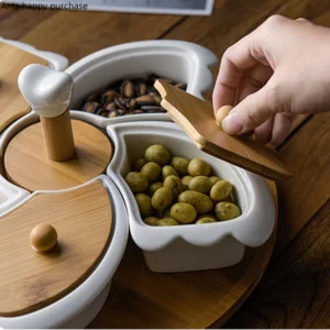 White Ceramic with Turntable Five Grid Fruit Plate with Wooden Lid Rotatable Snack Platter Dessert Snack Tray Fruit Plate Set - Image 5