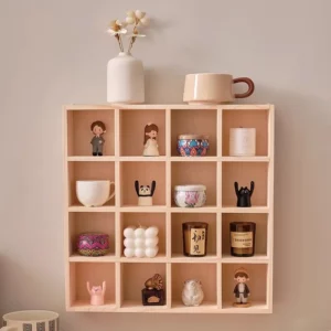 Wooden Wall-Mounted Mug Display Shelf with 16 Grid Design for Tea Sets, Cups, and Blind Box Desk Decorations storage cabinet - Image 4