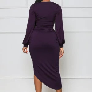 CM.YAYA Women Elegant Wraped V-neck Corset High Waist Ruched Up High Side Split Bodycon Asymmetrical Dresses Winter Autumn Dress - Image 6