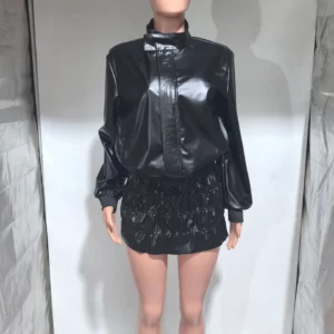 CM.YAYA Women Mini Ruched Skirts Set +Full Sleeve PU Leather Jackets Two 2 Piece Set Outfits 2024 Fall Casual Street Night Club - Image 5