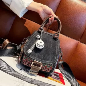 Denim Small Backpack New Contrast Color Women Bag Retro Ethnic Style Embroidered Multifunctional Bagpack Crossbody Bolsa - Image 2