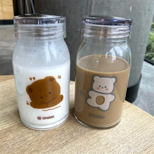Cute Bear Glass Water Bottle With Lid Clear Printing Water Bottle Portable Cartoon Aesthetic Travel Water Bottle 500ML Couple - Image 2