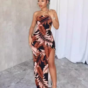 CM.YAYA Women Leaf Printed Strapless Sleeveless High Split Maxi Dress 2024 New Summer Sexy Evening Party Long Dresses Vestidos - Image 1
