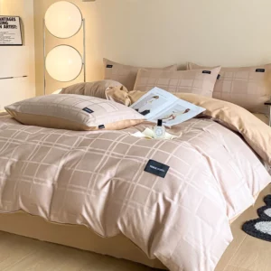 Luxury Plaid Jacquard Cotton Duvet Cover Soft Light Coffee Solid Bedding Sets with Zipper Closure Reversible Comforter Covers - Image 4