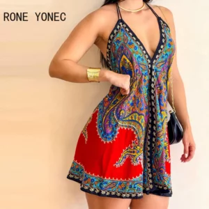 Women Sexy Allover Print Halter Sleeveless Lace Up Deep V Neck Backless Mini A Line Sexy Dresses - Image 1