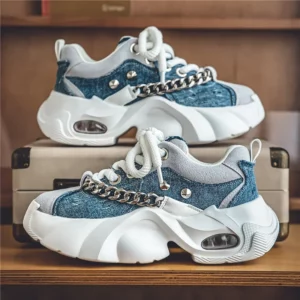 Fashion Blue Denim Casual Sneakers Men Original Designer Platform Shoes Men Increase Heel Hip Hop Chunky Sneakers Mens Trainers - Image 1