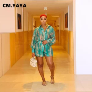CM.YAYA Women's Set Full Sleeve Striped Print Shirt and Straight Shorts Suit 2024 Street Two 2 Piece Set Casual Outfit Tracksuit - Image 2