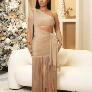Joskaa Elegant One Shoulder Tassel Long Evening Dress Women Sexy Cutout Backless Skinny Vestidos 2025 Birthday Party Clubwear - Image 1