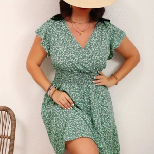 GIBSIE Plus Size Ditsy Floral Print Boho Mini Dress Women Summer Short-sleeved V-neck Holiday Elastic Waist A-Line Dresses - Image 1