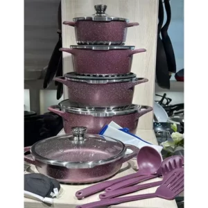 Cookware Set 17 Pieces Brown Granite Aluminum Non-Stick Cookware Set Kitchen - Image 4