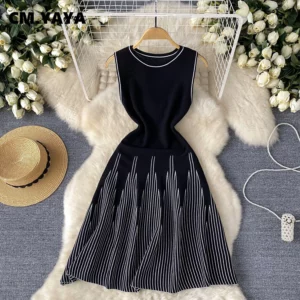 CM.YAYA Women Sleeveless Striped Knitted O-neck Mini Dress 2025 Summer Elegant Beach Party Evening Night Club Chic Dresses - Image 3