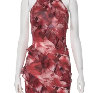Weird Puss Multilayer Ruffles Dress Women Y2K Backless Halter Tie-Dye Flowers Sleeveless Sexy Stretch Elegant Clubwear Bodycon - Image 2