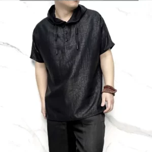 Fashion Solid Color Button Casual Short Sleeve Hooded T-Shirts Men's Clothing 2024 Summer Loose Korean Tops All-match Tee Shirt - Image 4