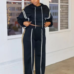 CM.YAYA Fashion Striped Splicing Women's Set Long Sleeve Hooded Sweatshirt and Sweat Pants Tracksuit 2024 Two 2 Piece Set Outfit - Image 5