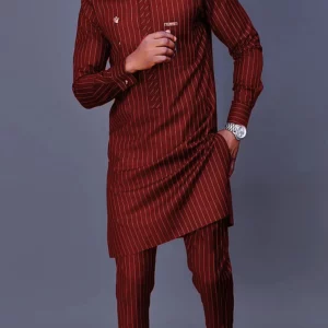 Men's luxury fashion casual navy blue striped print two-piece set - Image 4