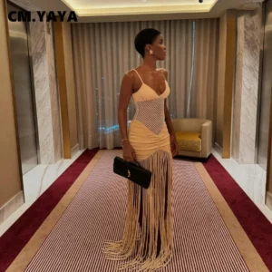 CM.YAYA Women Spaghetti Strap V-neck Sleeveless Tassel Hollow Out Midi Maxi Dress Sexy Birthday Night Party Vestidos Dresses - Image 3