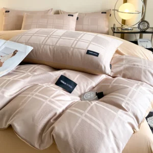 Luxury Plaid Jacquard Cotton Duvet Cover Soft Light Coffee Solid Bedding Sets with Zipper Closure Reversible Comforter Covers - Image 6