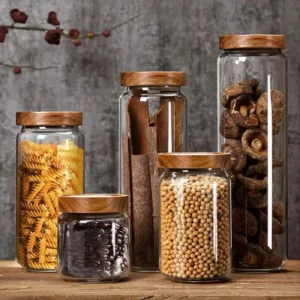 1 PC Small Glass Storage Jars with Airtight Lids, coffee container with Wooden Lid, Glass Pantry Canister for Beans, Rice,Sugar - Image 1