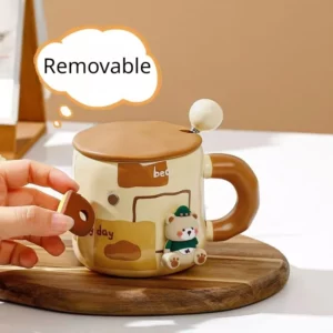 Honey Bear Mug Thickened Ceramic with Lid and Spoon Coffee Cup 3D Magnetic Detachable Adsorption Hanger Drinkware - Image 2
