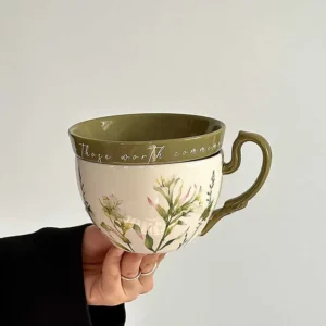 Large Capacity Ceramic Breakfast Cup with Crank Retro Rural Style Coffee Cup Dish Cups Lid Set Household Milk Mug Niche Gift - Image 3