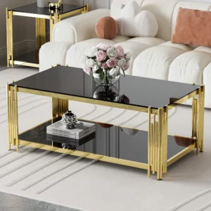 Modern luxury black coffee table living room, gold stainless steel leg rectangular 8mm thick black tempered glass - Image 4