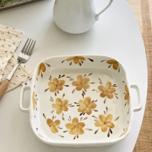 Japanese Style Hand Painted Ceramic Plate Square Two Eared Household Breakfast Plates Cartoon Pattern Restaurant Fruit Plates - Image 3