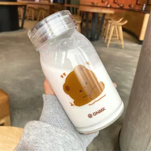 Cute Bear Glass Water Bottle With Lid Clear Printing Water Bottle Portable Cartoon Aesthetic Travel Water Bottle 500ML Couple - Image 5